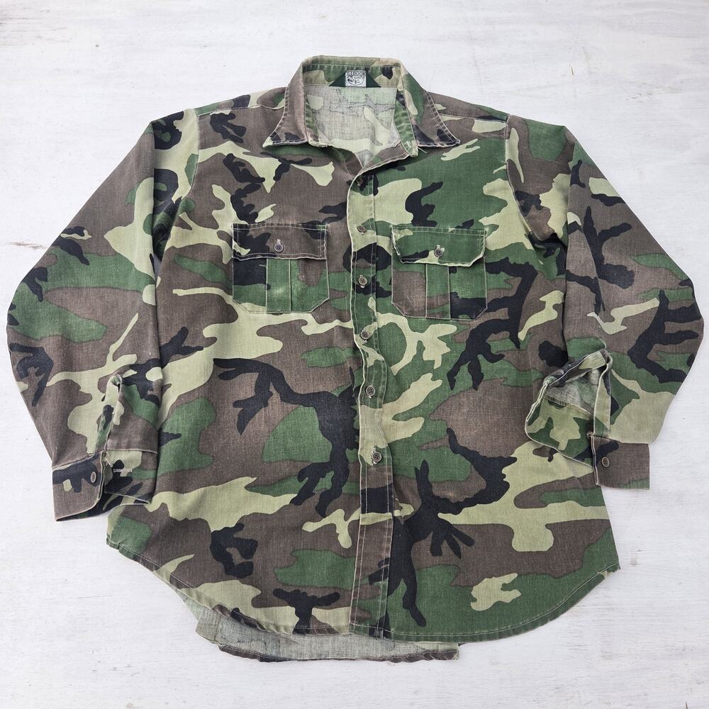Vtg Bass Pro Shops Woodland Camo Hunting Button Down Shirt Mens XL Long Sleeve
